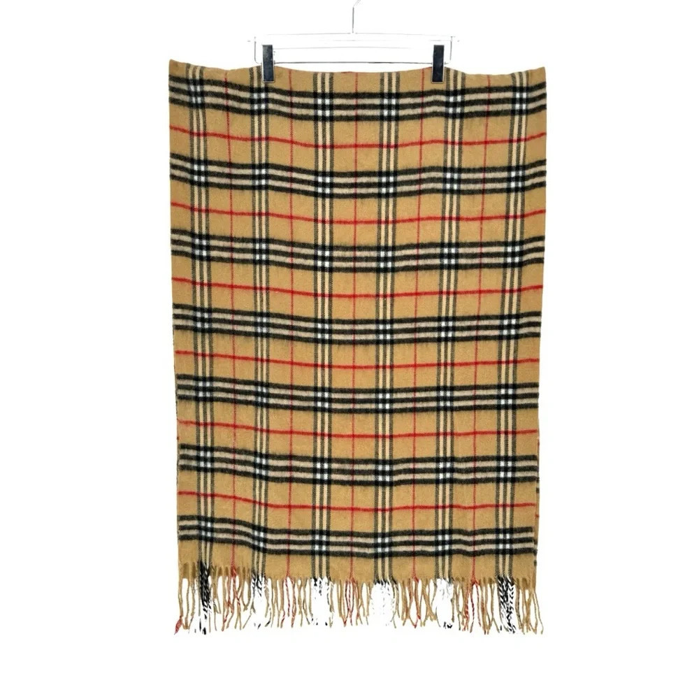 Burberry XL Cashmere Fringe Wrap Scarf Classic Tan Nova Check Plaid - Picture 5 of 7